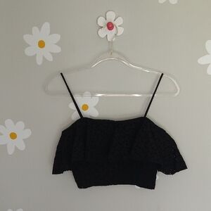 H&M Black Eyelet Lace Ruffle Feminine Spaghetti Strap Crop Top